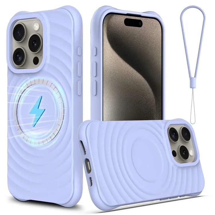 For iPhone 15 Pro Max Magnetic Case Textured Liquid Silicone Phone Cover with Strap - Purple