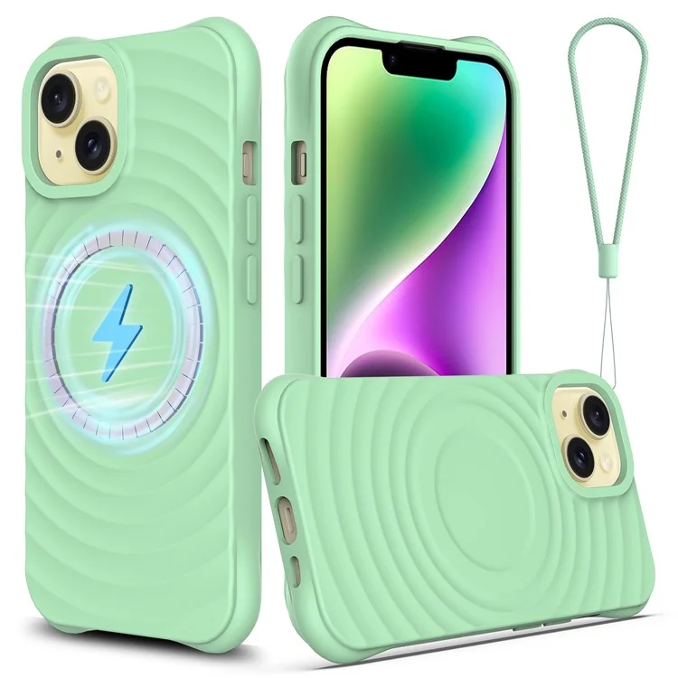 For iPhone 14 Plus Magnetic Phone Case Water Ripple Texture Liquid Silicone Shell with Hand Strap - Green