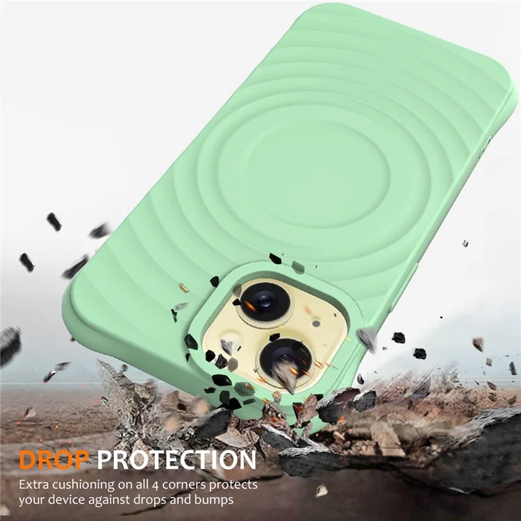 For iPhone 14 Plus Magnetic Phone Case Water Ripple Texture Liquid Silicone Shell with Hand Strap - Green