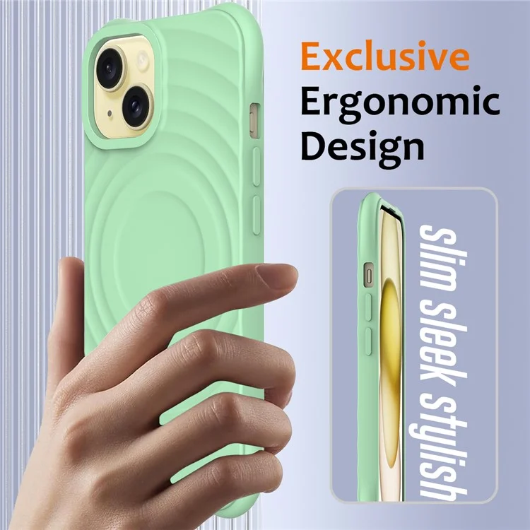 For iPhone 14 Plus Magnetic Phone Case Water Ripple Texture Liquid Silicone Shell with Hand Strap - Green