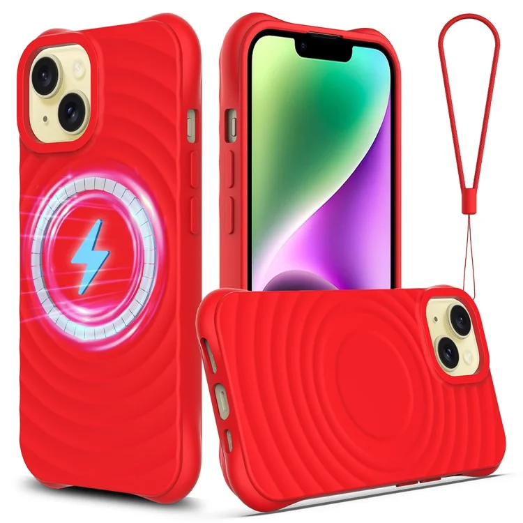 For iPhone 14 Plus Magnetic Phone Case Water Ripple Texture Liquid Silicone Shell with Hand Strap - Red