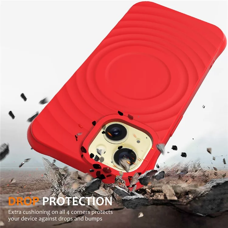 For iPhone 14 Plus Magnetic Phone Case Water Ripple Texture Liquid Silicone Shell with Hand Strap - Red