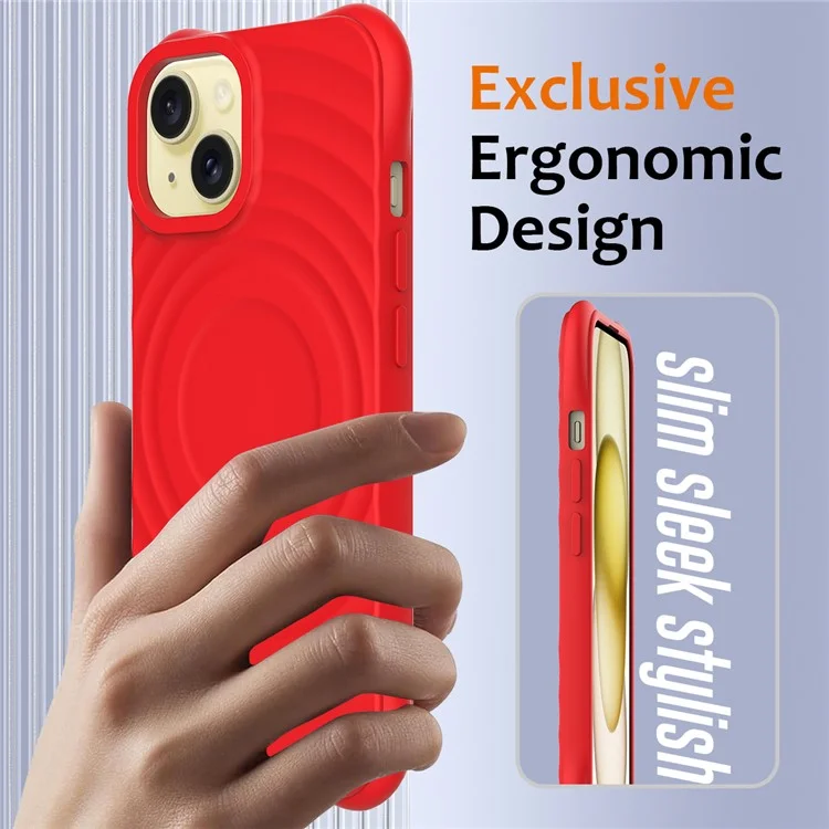 For iPhone 14 Plus Magnetic Phone Case Water Ripple Texture Liquid Silicone Shell with Hand Strap - Red