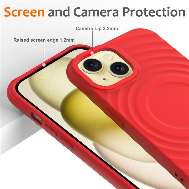 For iPhone 14 Plus Magnetic Phone Case Water Ripple Texture Liquid Silicone Shell with Hand Strap - Red