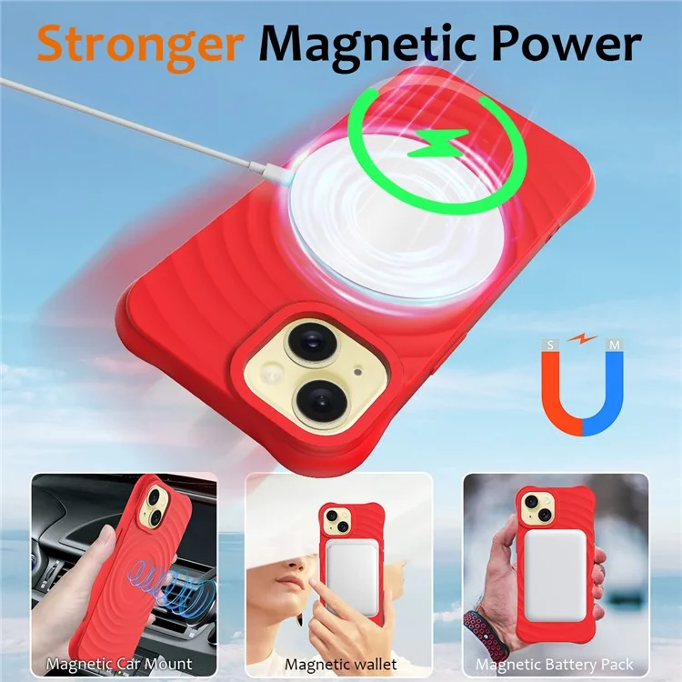 For iPhone 14 Plus Magnetic Phone Case Water Ripple Texture Liquid Silicone Shell with Hand Strap - Red