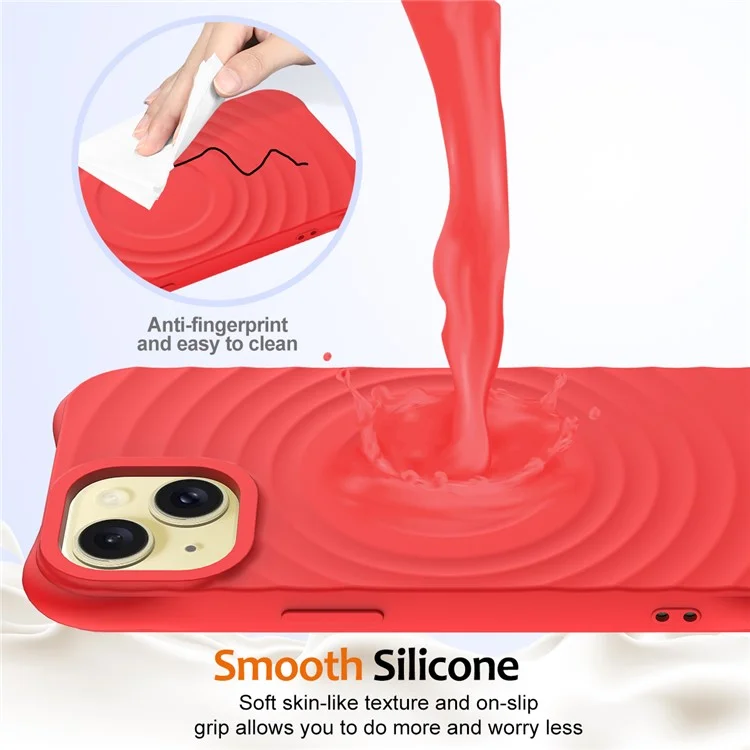 For iPhone 14 Plus Magnetic Phone Case Water Ripple Texture Liquid Silicone Shell with Hand Strap - Red