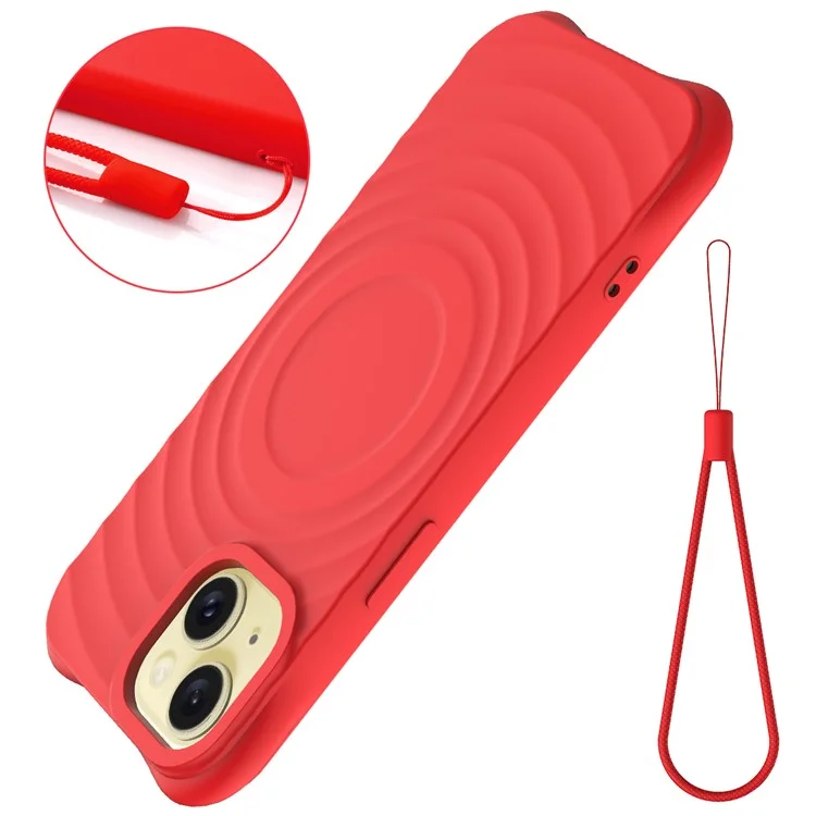 For iPhone 14 Plus Magnetic Phone Case Water Ripple Texture Liquid Silicone Shell with Hand Strap - Red