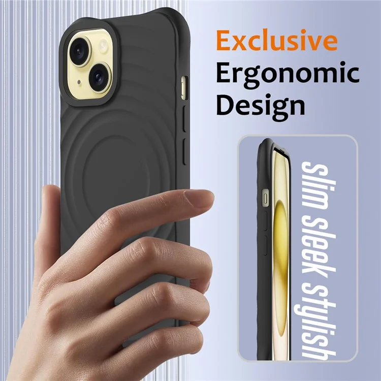 For iPhone 13 Case Compatible with Magsafe Ripple Texture Liquid Silicone Soft Phone Cover - Black