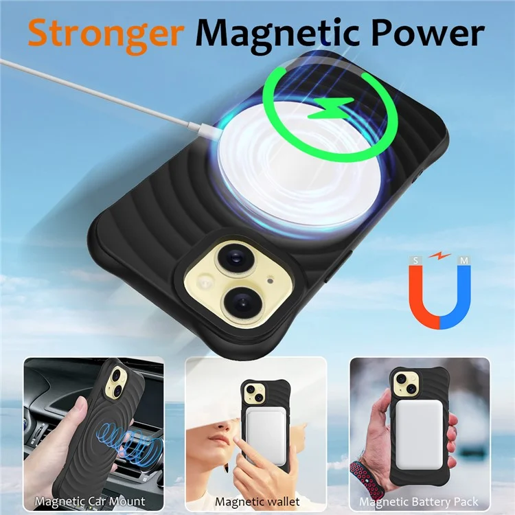 For iPhone 13 Case Compatible with Magsafe Ripple Texture Liquid Silicone Soft Phone Cover - Black