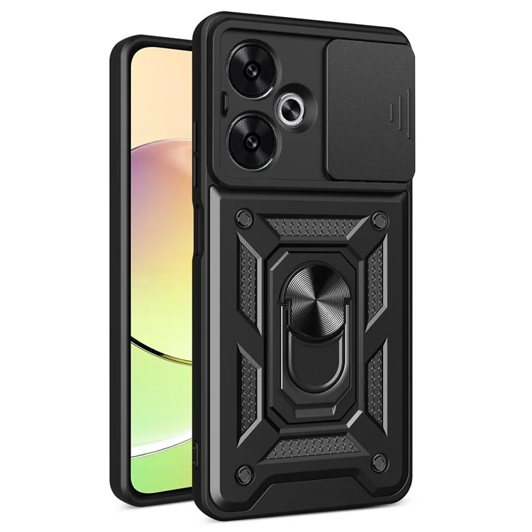 Pour Xiaomi Redmi 13C 5G / 13R 5G / Poco M6 5G Étui avec couvercle de caméra coulissante Support de table PC+TPU Coque arrière de téléphone - Noir