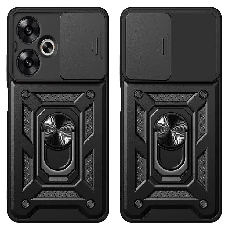 Pour Xiaomi Redmi 13C 5G / 13R 5G / Poco M6 5G Étui avec couvercle de caméra coulissante Support de table PC+TPU Coque arrière de téléphone - Noir