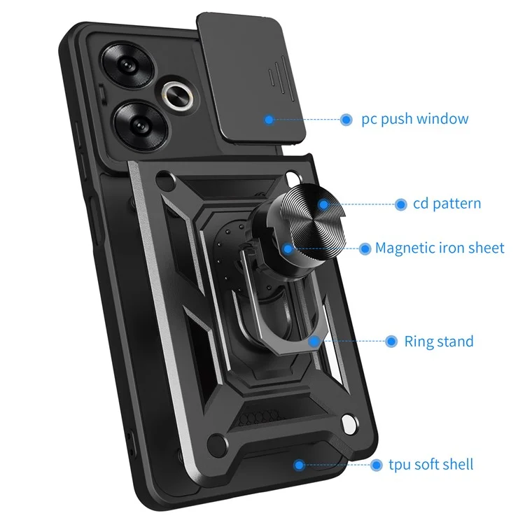 Pour Xiaomi Redmi 13C 5G / 13R 5G / Poco M6 5G Étui avec couvercle de caméra coulissante Support de table PC+TPU Coque arrière de téléphone - Noir