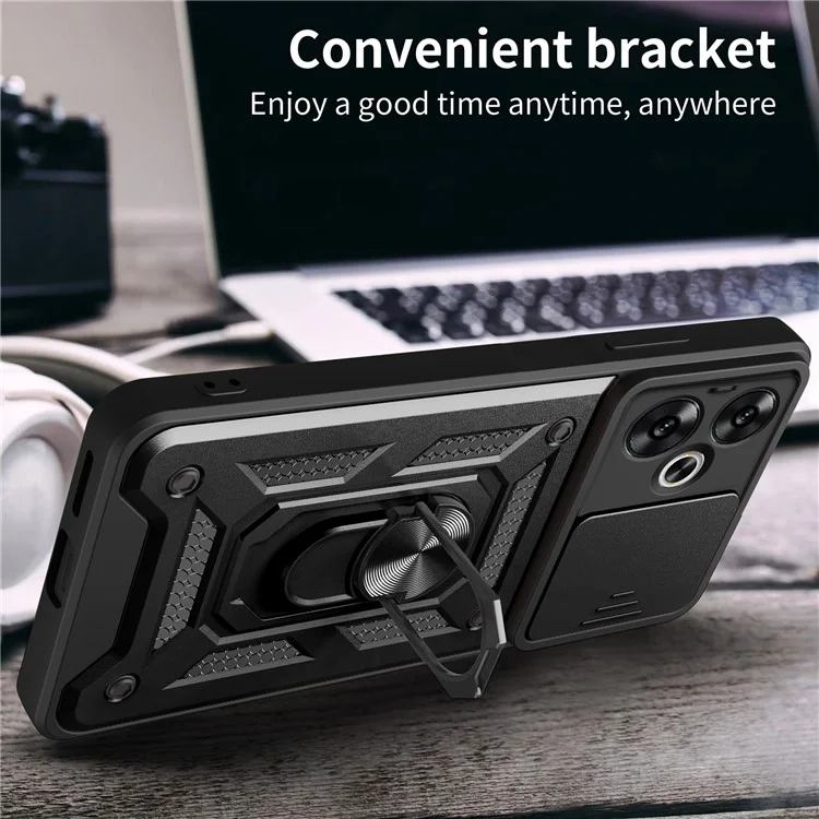 Pour Xiaomi Redmi 13C 5G / 13R 5G / Poco M6 5G Étui avec couvercle de caméra coulissante Support de table PC+TPU Coque arrière de téléphone - Noir