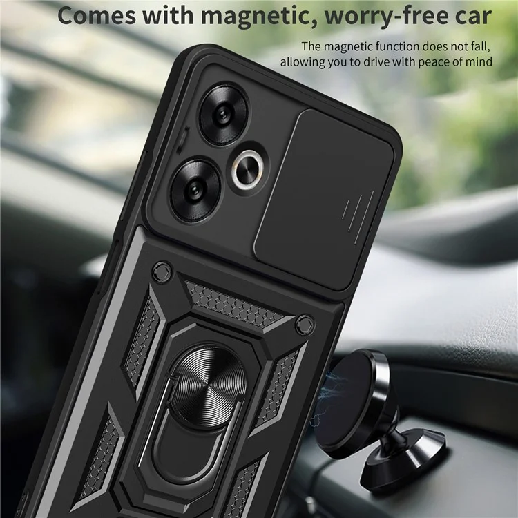 Pour Xiaomi Redmi 13C 5G / 13R 5G / Poco M6 5G Étui avec couvercle de caméra coulissante Support de table PC+TPU Coque arrière de téléphone - Noir
