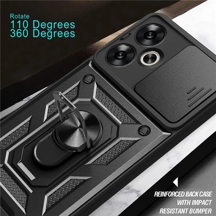 Pour Xiaomi Redmi 13C 5G / 13R 5G / Poco M6 5G Étui avec couvercle de caméra coulissante Support de table PC+TPU Coque arrière de téléphone - Noir
