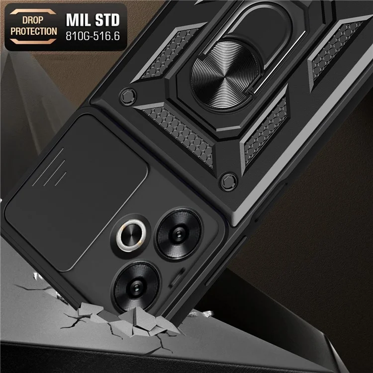 Pour Xiaomi Redmi 13C 5G / 13R 5G / Poco M6 5G Étui avec couvercle de caméra coulissante Support de table PC+TPU Coque arrière de téléphone - Noir