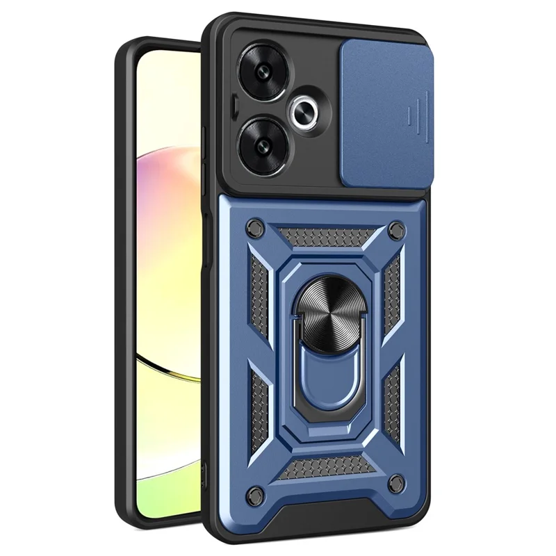 Für Xiaomi Redmi 13C 5G / 13R 5G / Poco M6 5G Hülle mit Schiebe-Kameraabdeckung, Ständer PC+TPU Handy Rückenschale - Blau