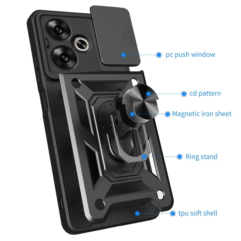 Für Xiaomi Redmi 13C 5G / 13R 5G / Poco M6 5G Hülle mit Schiebe-Kameraabdeckung, Ständer PC+TPU Handy Rückenschale - Blau