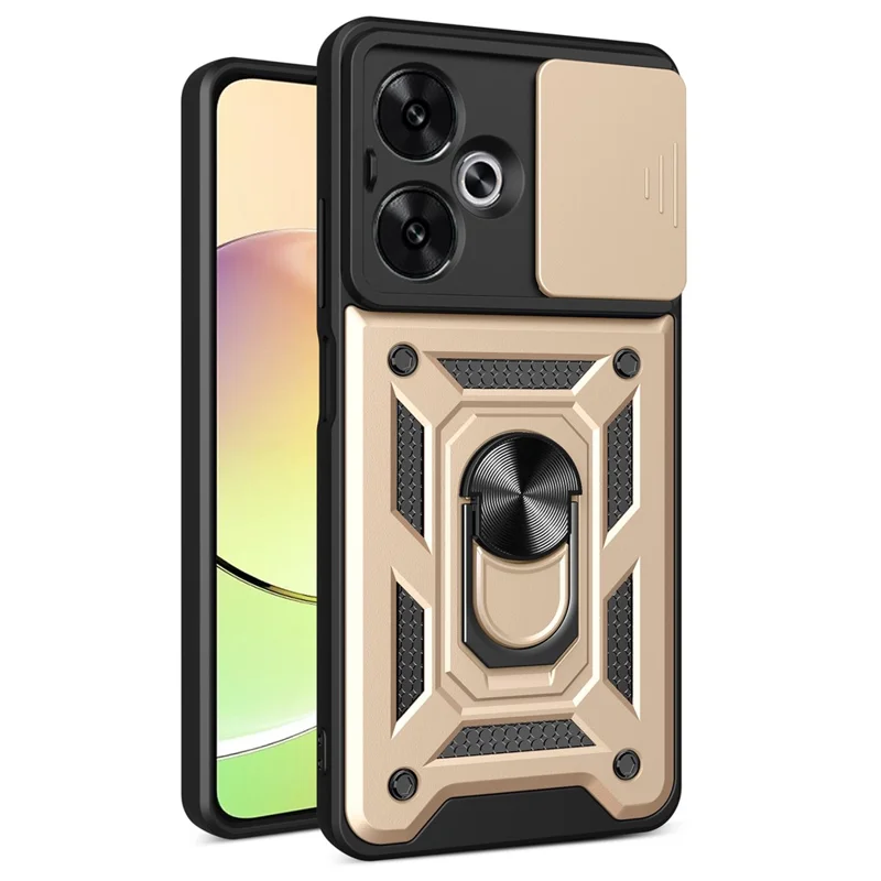 For Xiaomi Redmi 13C 5G / 13R 5G / Poco M6 5G Case with Slide Camera Cover Kickstand PC+TPU Phone Back Shell - Gold