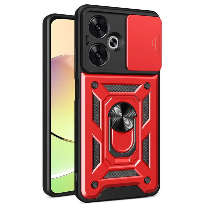 For Xiaomi Redmi 13C 5G / 13R 5G / Poco M6 5G Case with Slide Camera Cover Kickstand PC+TPU Phone Back Shell - Red