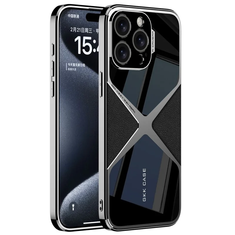 GKK Für iPhone 15 Pro Hülle Leder beschichteter TPU-Rahmen PC-Rückseite Splicing Handyhülle - Schwarz