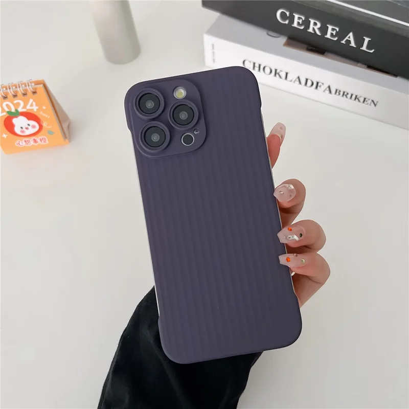 For iPhone 14 Pro Max Case Corrugated Texture Frameless Hard PC Phone Cover - Dark Purple