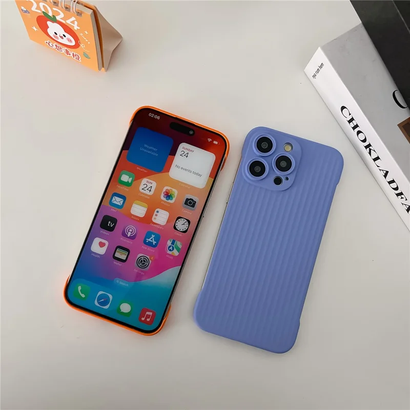 For iPhone 14 Pro Max Case Corrugated Texture Frameless Hard PC Phone Cover - Dark Purple