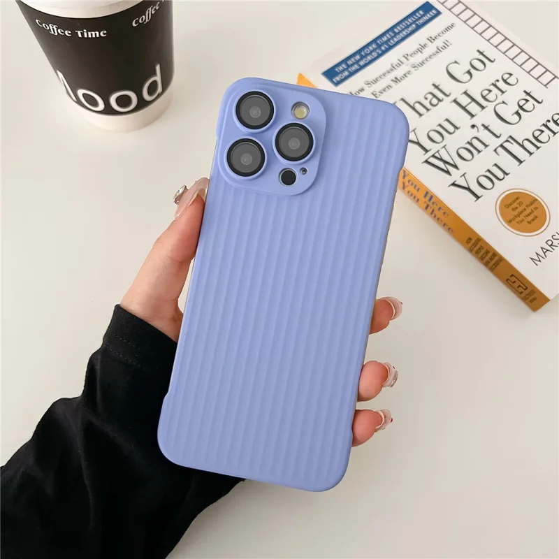 For iPhone 13 Pro Frameless Case Corrugated Design Rubberized PC Phone Cover with Lens Film - Light Purple