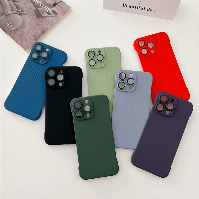 For iPhone 15 Pro Cover Corrugated Design Skin-Touch PC Phone Case with PC Lens Film - Light Green