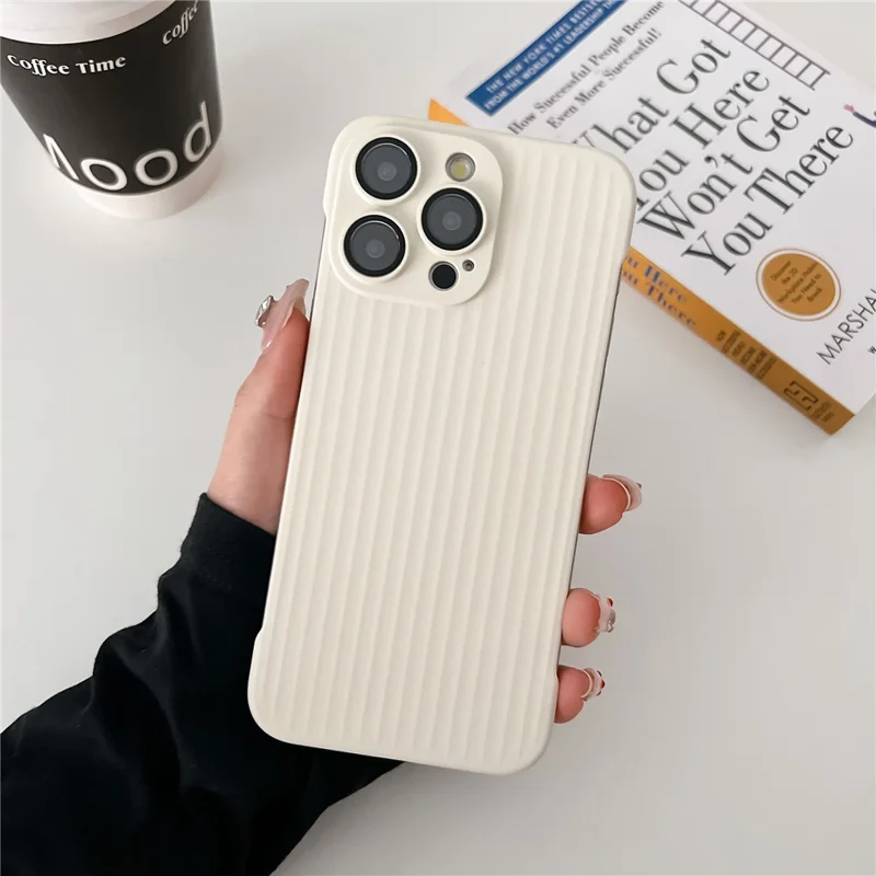 For iPhone 15 Pro Cover Corrugated Design Skin-Touch PC Phone Case with PC Lens Film - White