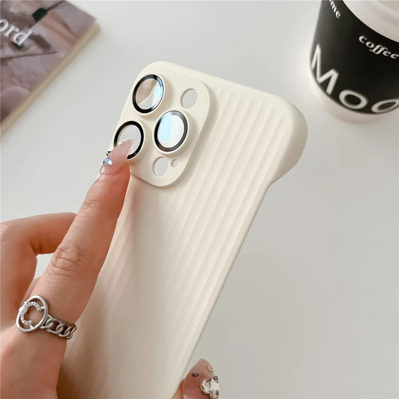 For iPhone 15 Pro Cover Corrugated Design Skin-Touch PC Phone Case with PC Lens Film - White