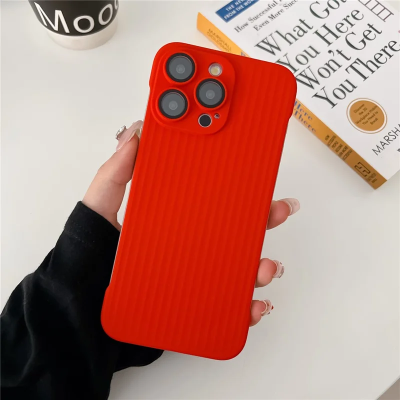 For iPhone 15 Pro Cover Corrugated Design Skin-Touch PC Phone Case with PC Lens Film - Red
