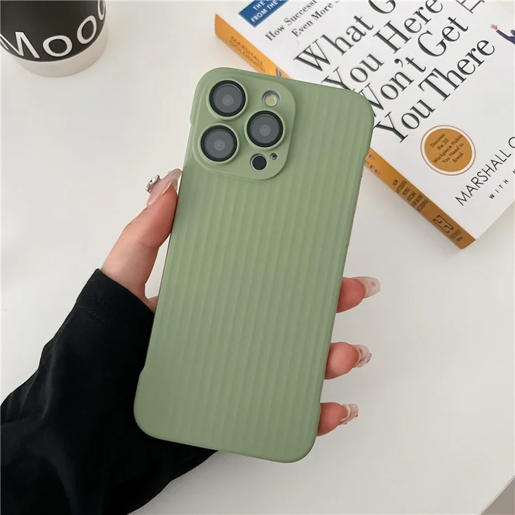 Para iPhone 13 Pro Max Anti-Drop Case Corrugated Design Frameless PC Phone Cover with Lens Film - Light Green