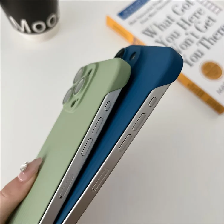 Para iPhone 13 Pro Max Anti-Drop Case Corrugated Design Frameless PC Phone Cover with Lens Film - Light Green