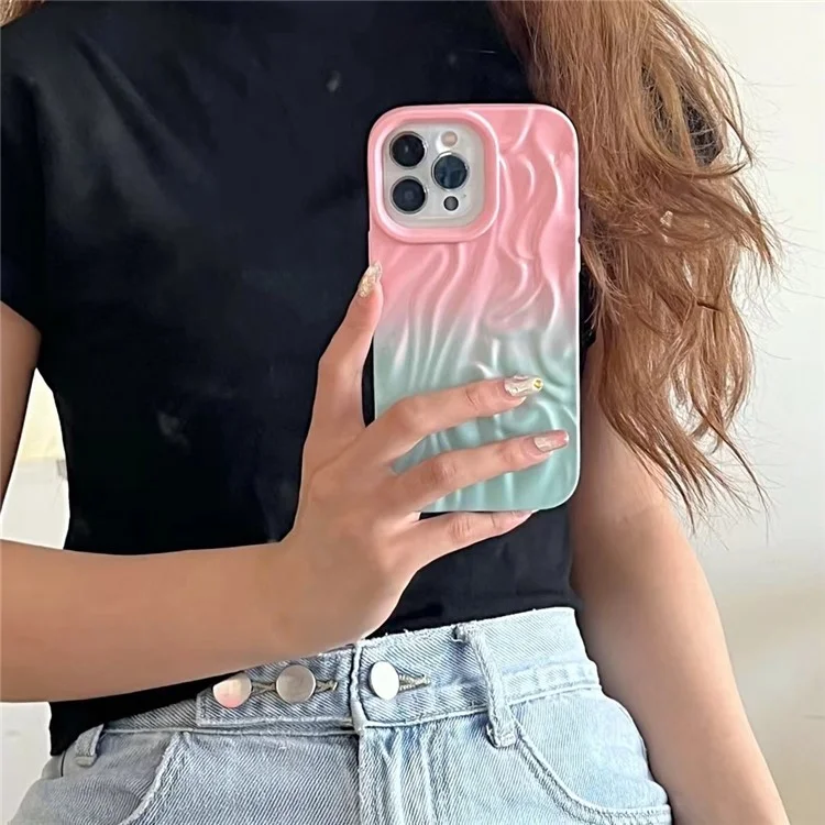 Para iPhone 15 Pro Case Rubberized TPU Wrinkled Effect Phone Cover - Pink+Baby Blue