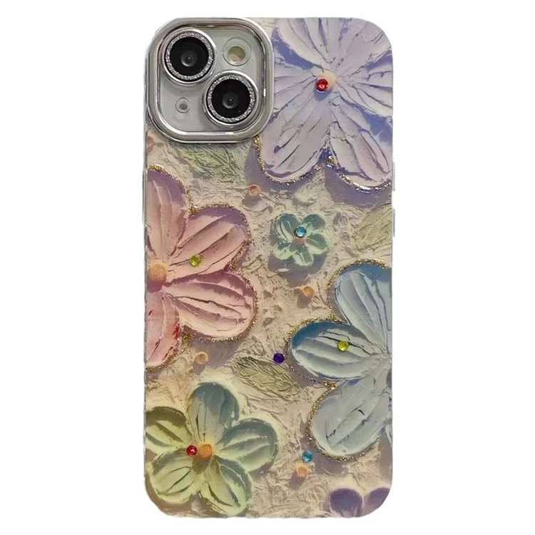 Pour iPhone 14 Case Electroplating Epoxy TPU Phone Cover avec PC Lens Film+Metal Lens Frame - Pink+Blue Flower