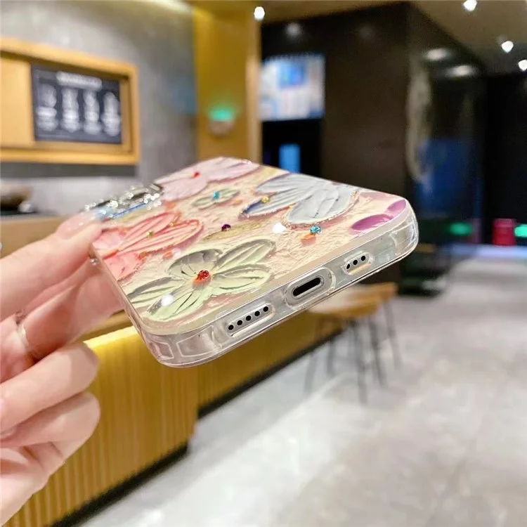 Pour iPhone 14 Case Electroplating Epoxy TPU Phone Cover avec PC Lens Film+Metal Lens Frame - Pink+Blue Flower