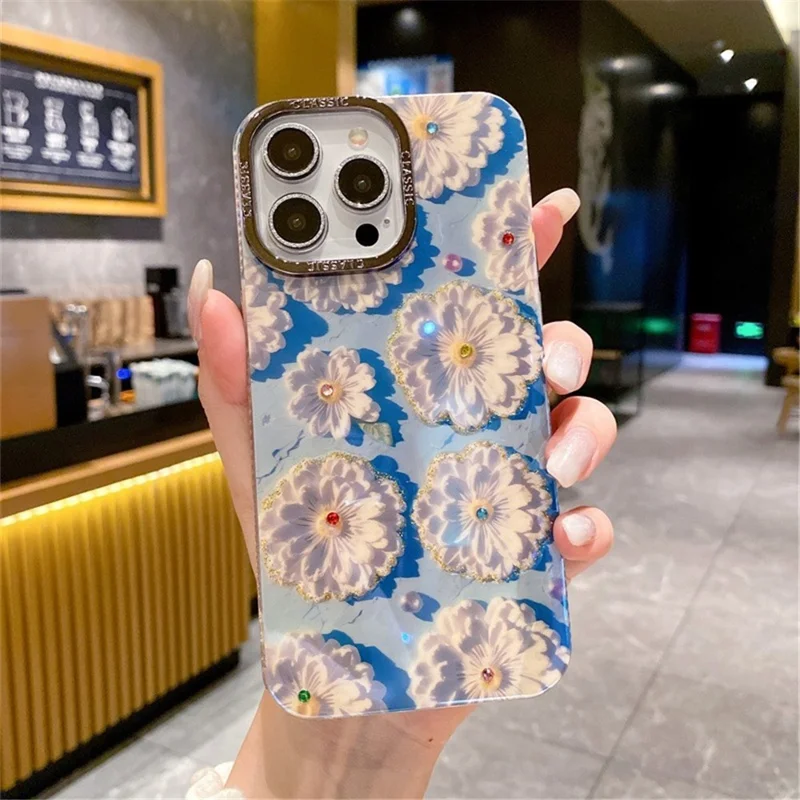 For iPhone 14 Pro Max Cover Rhinestone Flower Pattern Decor Phone Case with Metal Lens Frame - White Flower