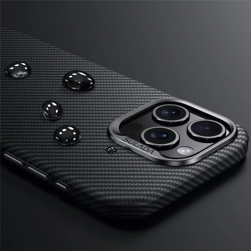 SULADA For iPhone 15 Pro Magnetic Case Metal Lens Frame Carbon Fiber Texture Leather Back Cover - Brown