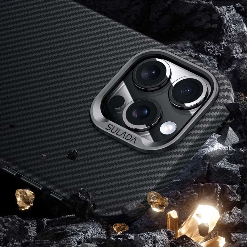 SULADA For iPhone 15 Pro Magnetic Case Metal Lens Frame Carbon Fiber Texture Leather Back Cover - Brown
