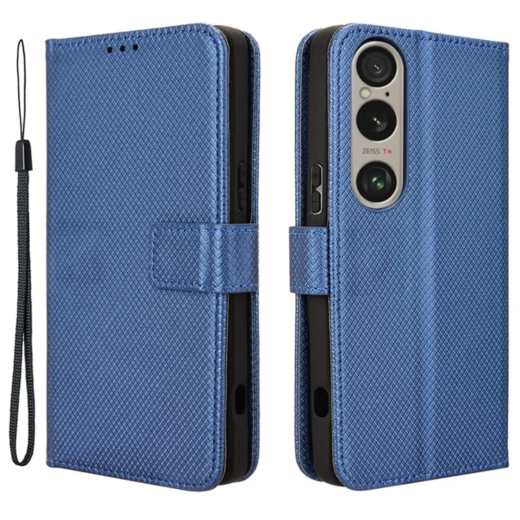 For Sony Xperia 1 VI Leather Wallet Case Diamond Texture Phone Cover with Folding Stand - Blue