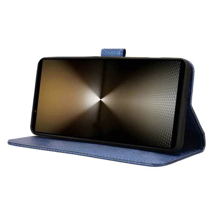 For Sony Xperia 1 VI Leather Wallet Case Diamond Texture Phone Cover with Folding Stand - Blue