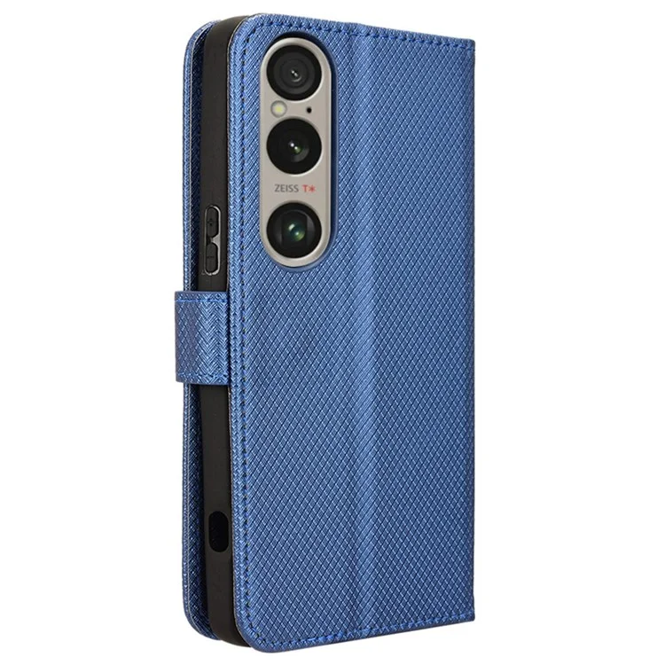 For Sony Xperia 1 VI Leather Wallet Case Diamond Texture Phone Cover with Folding Stand - Blue
