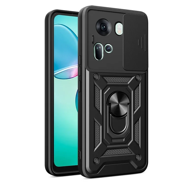 For Oppo Reno11 5G (Global) Case Kickstand PC+TPU Phone Shell with Slide Camera Cover - Black