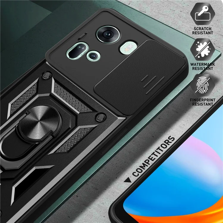 For Oppo Reno11 5G (Global) Case Kickstand PC+TPU Phone Shell with Slide Camera Cover - Black