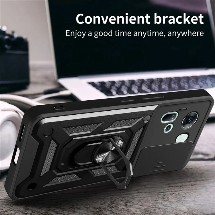 For Oppo Reno11 5G (Global) Case Kickstand PC+TPU Phone Shell with Slide Camera Cover - Black