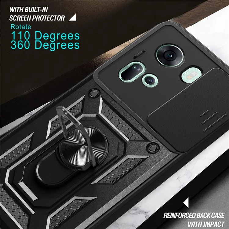For Oppo Reno11 5G (Global) Case Kickstand PC+TPU Phone Shell with Slide Camera Cover - Black
