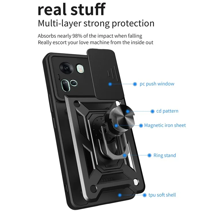 For Oppo Reno11 5G (Global) Case Kickstand PC+TPU Phone Shell with Slide Camera Cover - Black
