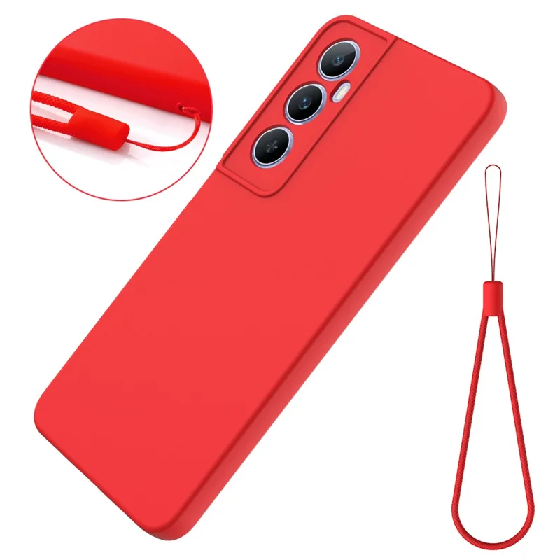 For Realme C65 4G Protective Case Liquid Silicone Phone Cover with Wrist Strap - Red