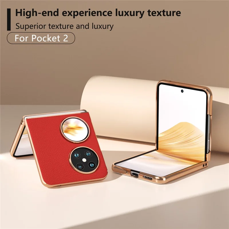 For Huawei Pocket 2 Case Electroplating Frame Genuine Cow Leather + PC Anti-Fall Cover - Red